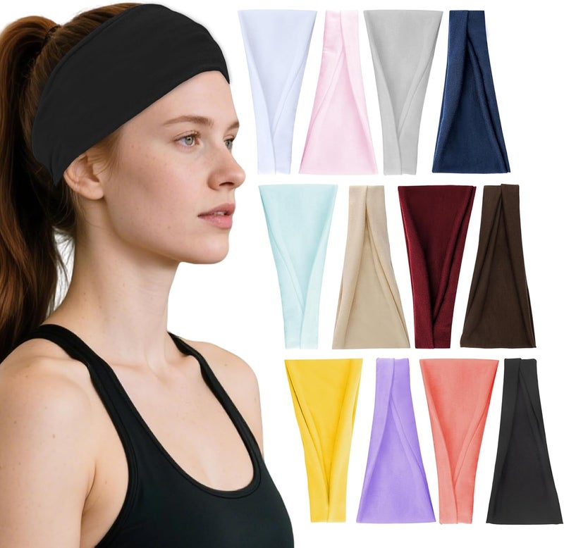VANRUID Headbands for Women, 12PCS Wide Stretchy Sports Hair Bands, Elastic Soft Fashion Head Bands, Non-Slip Running Sweatbands for Fashion, Washing Face, Workouts, Yoga, Daily Use - Image 1